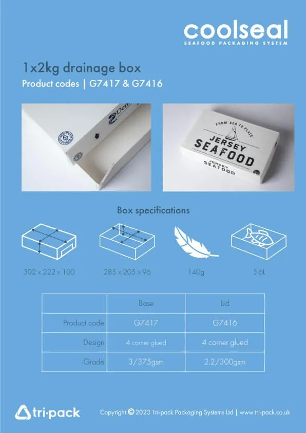 CoolSeal promotional flyer with dimensions - 1 x 2kg Drainage Box
