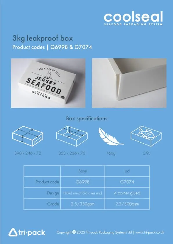 CoolSeal promotional flyer with dimensions - 3kg Leakproof Box