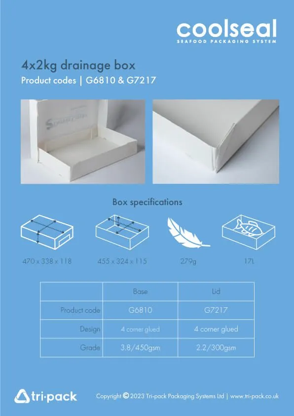 CoolSeal promotional flyer with dimensions - 4 x 2kg drainage box