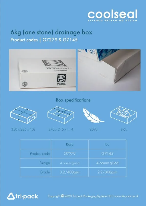 CoolSeal promotional flyer with dimensions - 6kg drainage box
