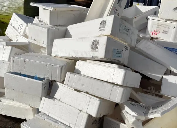 Boîtes en polystyrène empilées prêtes à être éliminées