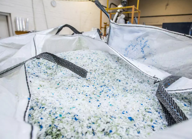 Ground plastic and polystyrene showing sustainable packaging